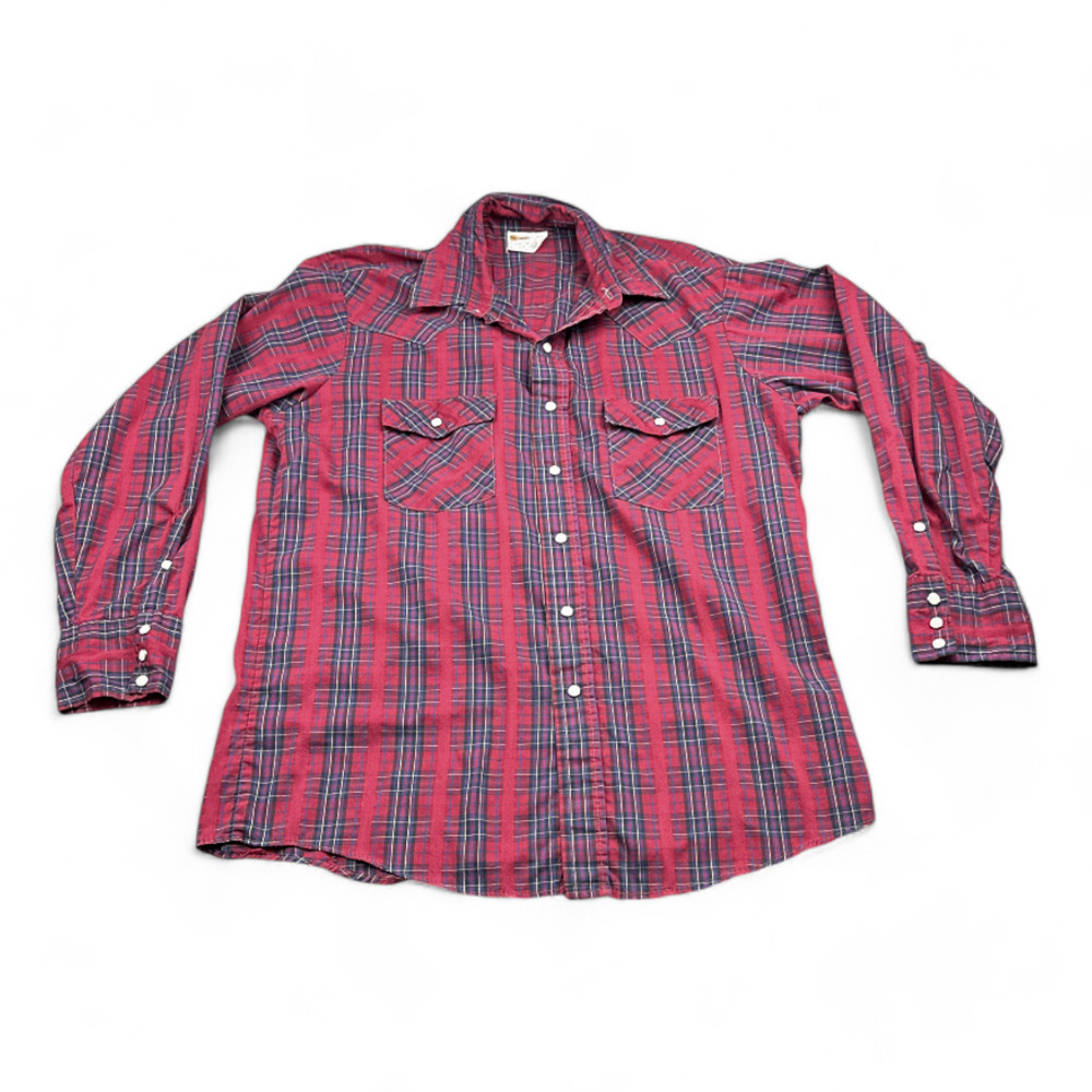 Vintage Key Imperial Western Shirt Adult EXTRA LARGE Red Black Plaid 16 1/2 80s